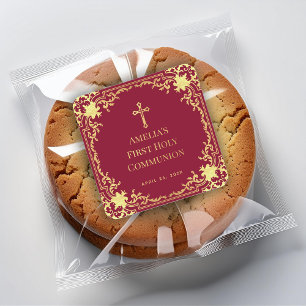 Girl First Communion Elegant Burgundy & Faux Gold Square Sticker