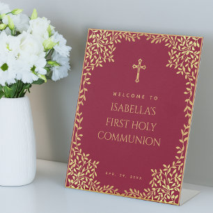 Girl First Communion Faux Gold Leaves Burgundy Pedestal Sign