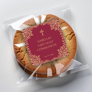Girl First Communion Faux Gold Leaves Burgundy Square Sticker