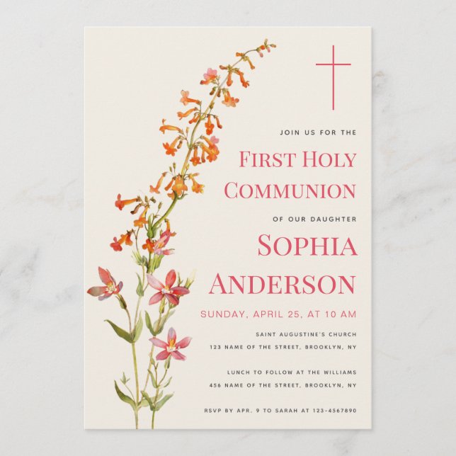 Girl First Communion Floral Watercolor Wildflowers Invitation (Front)