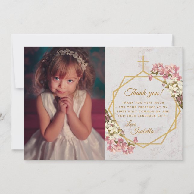 Girl First Communion Gold Cross Marble Pink Orchid Thank You Card (Front)