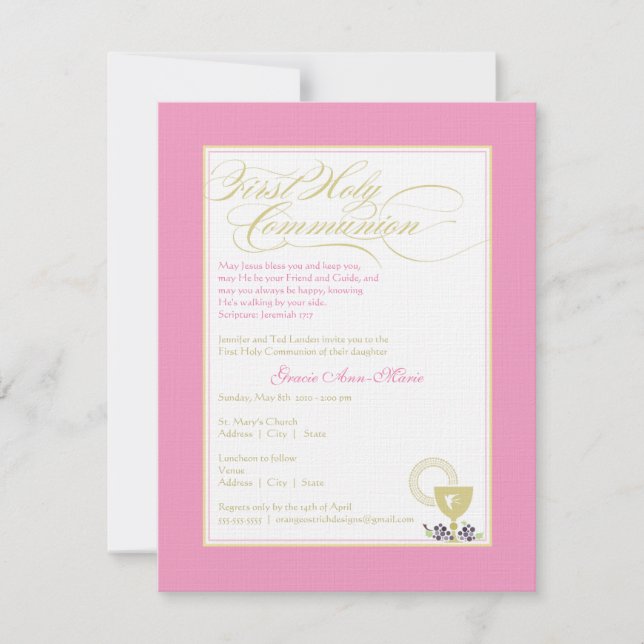 Girl First Communion Invitation - Pink (Front)