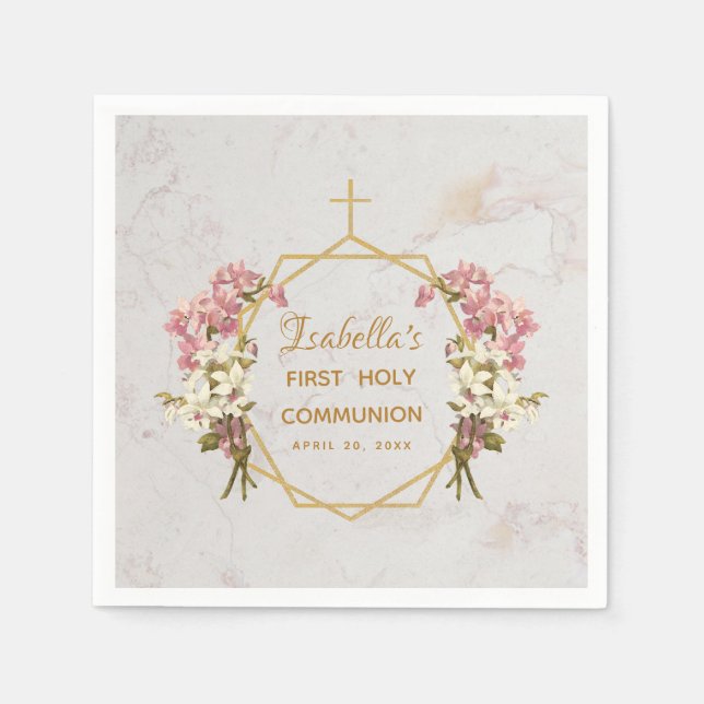 Girl First Communion Marble Gold Cross Pink Orchid Napkin (Front)