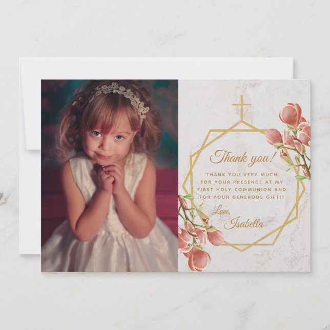 Girl First Communion Marble Gold Pink Magnolia Thank You Card (Front)