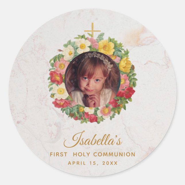 Girl First Communion Marble Photo in Rose Wreath Classic Round Sticker (Front)