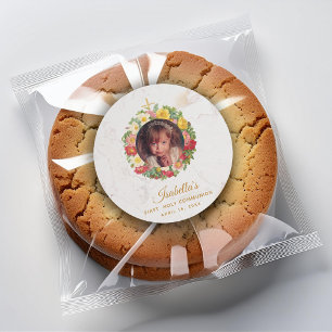 Girl First Communion Marble Photo in Rose Wreath Classic Round Sticker