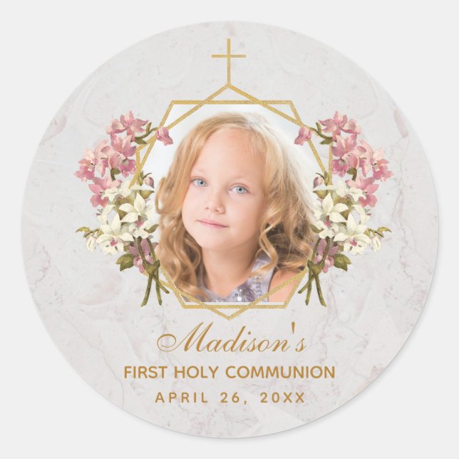 Girl First Communion Photo Floral Pink Orchid Gold Classic Round Sticker (Front)