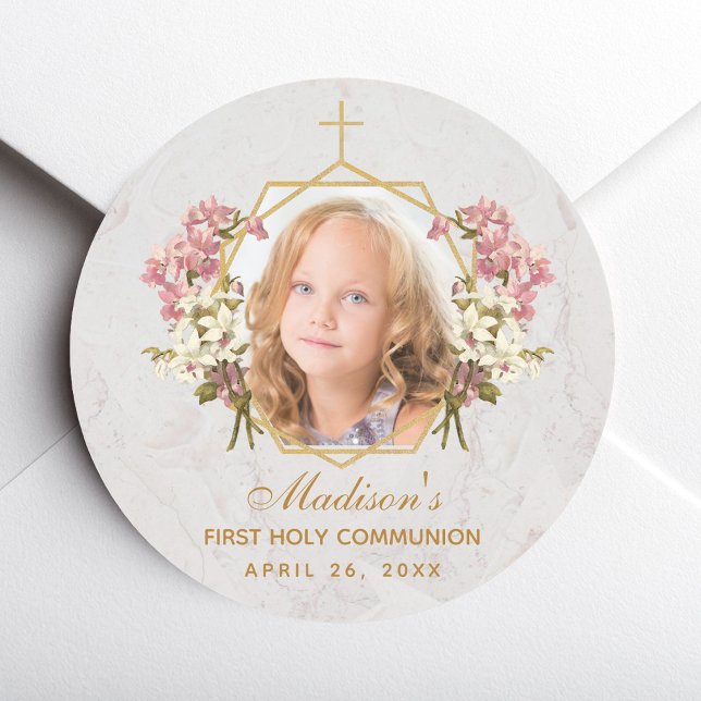Girl First Communion Photo Floral Pink Orchid Gold Classic Round Sticker (Creator Uploaded)