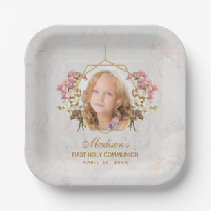Girl First Communion Photo Marble Pink Orchid Gold Paper Plate