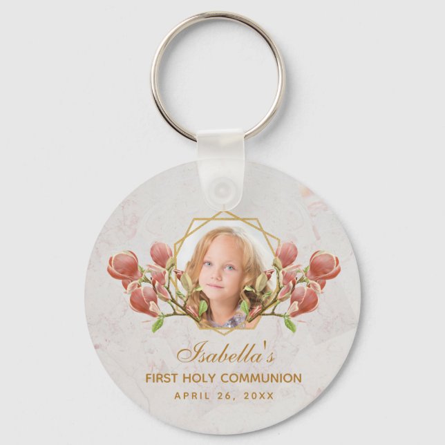 Girl First Communion Photo Pink Magnolia Floral  Key Ring (Front)