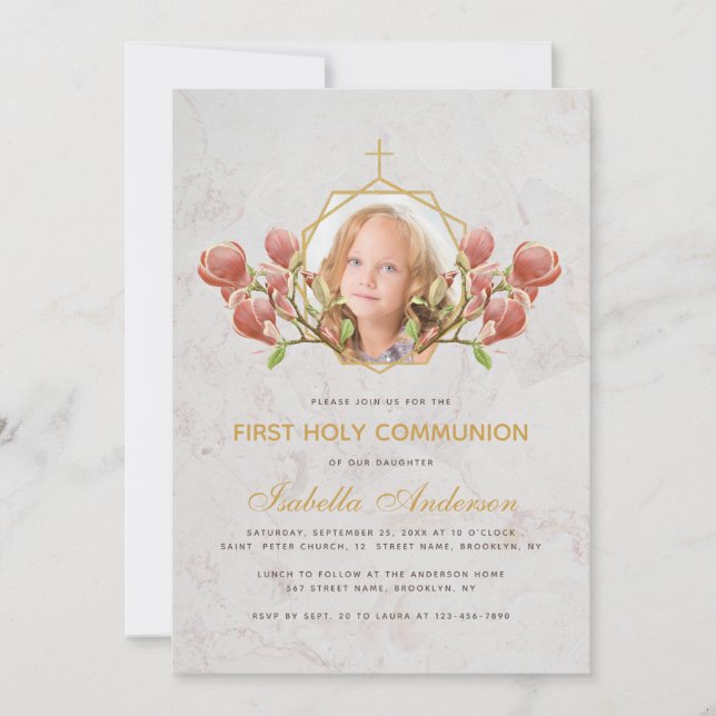Girl First Communion Photo Pink Magnolia Marble  Invitation (Front)