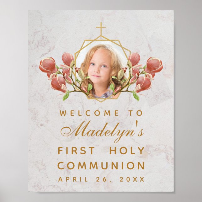 Girl First Communion Photo Pink Magnolia Welcome Poster (Front)