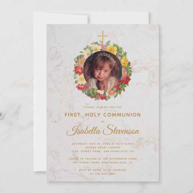 Girl First Communion Photo Rose Wreath Marble Invitation (Front)