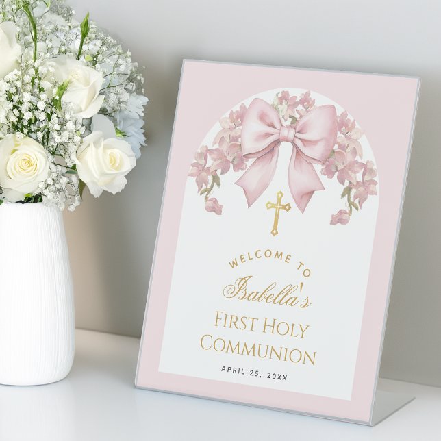 Girl First Communion Pink Bow Floral Arch Welcome Pedestal Sign (Creator Uploaded)
