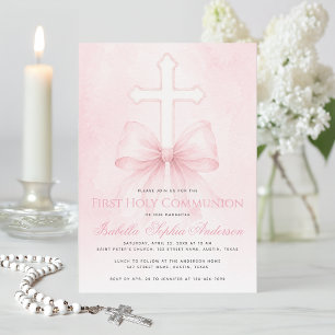 Girl First Communion Pink Bow on Cross Watercolor Invitation