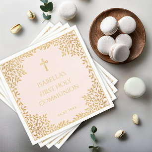 Girl First Communion Pink Faux Gold Leaves Vintage Napkin