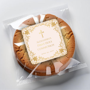 Girl First Communion Pink Faux Gold Vintage Ornate Square Sticker