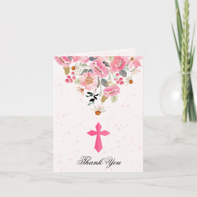 Girl First Communion Pink Floral Folded Thank You Card (Front)