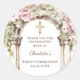 Girl First Communion Pink Florals Arch Cross Classic Round Sticker