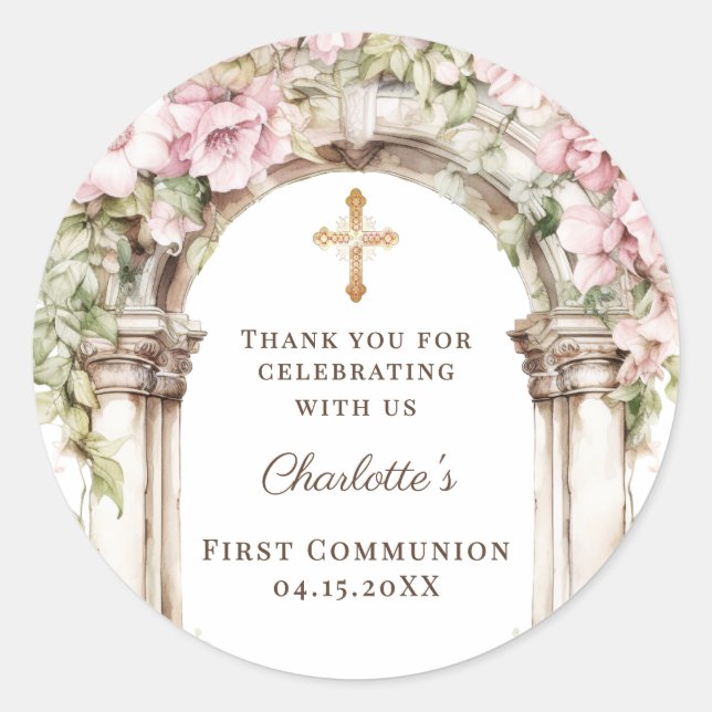 Girl First Communion Pink Florals Arch Cross Classic Round Sticker (Front)