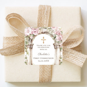 Girl First Communion Pink Florals Arch Cross Square Sticker