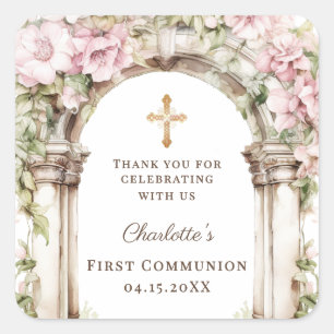 Girl First Communion Pink Florals Arch Cross Square Sticker