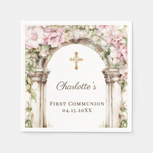 Girl First Communion Pink Florals Arch Gold Cross Napkin
