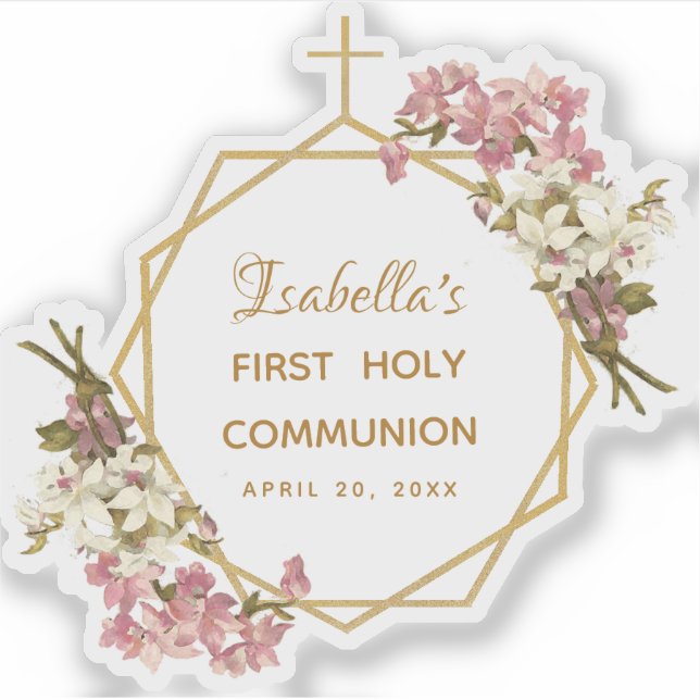 Girl First Communion Pink Orchid Gold Cross Floral (Front)