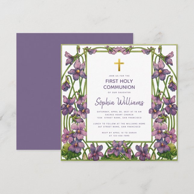Girl First Communion Purple Green Violets Floral Invitation (Front/Back)