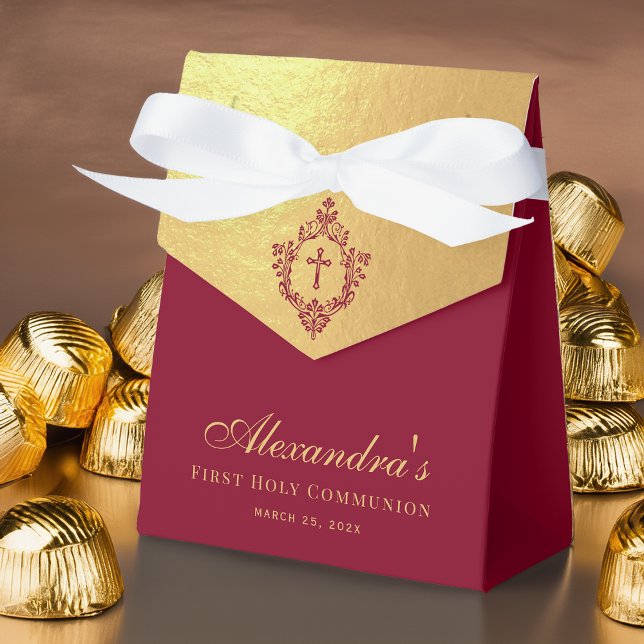 Girl First Communion Red Faux Gold Burgundy Crest  Favour Box (Creator Uploaded)