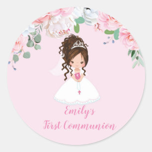 Girl First Communion Stickers, Brunette Updo Classic Round Sticker