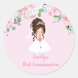 Girl First Communion Stickers, Brunette Updo Classic Round Sticker