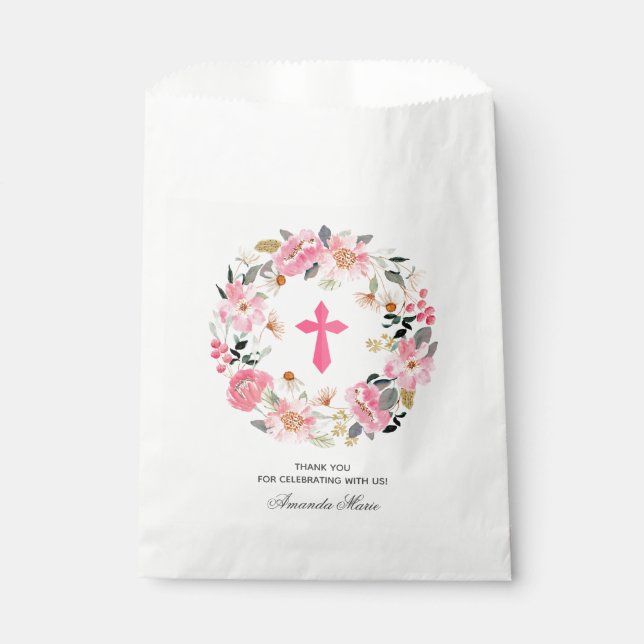 Girl First Communion Watercolor Pink Floral Favour Bags (Front)
