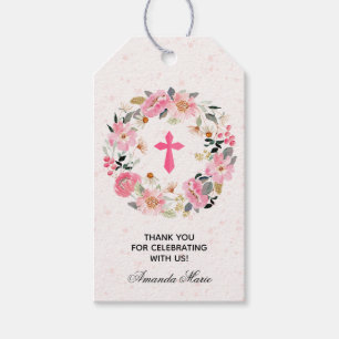 Girl First Communion Watercolor Pink Floral Favour Gift Tags
