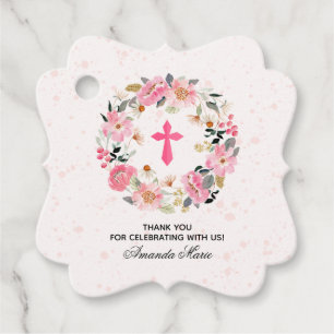 Girl First Communion Watercolor Pink Floral Favour Tags