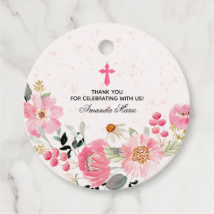 Girl First Communion Watercolor Pink Floral Favour Tags