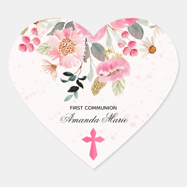 Girl First Communion Watercolor Pink Floral Heart Sticker (Front)