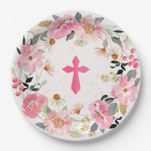 Girl First Communion Watercolor Pink Floral  Paper Plate