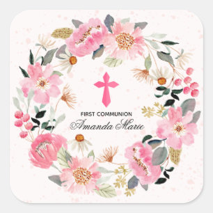 Girl First Communion Watercolor Pink Floral Square Sticker