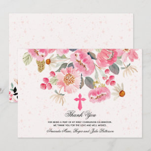 Girl First Communion Watercolor Pink Floral Thank You Card