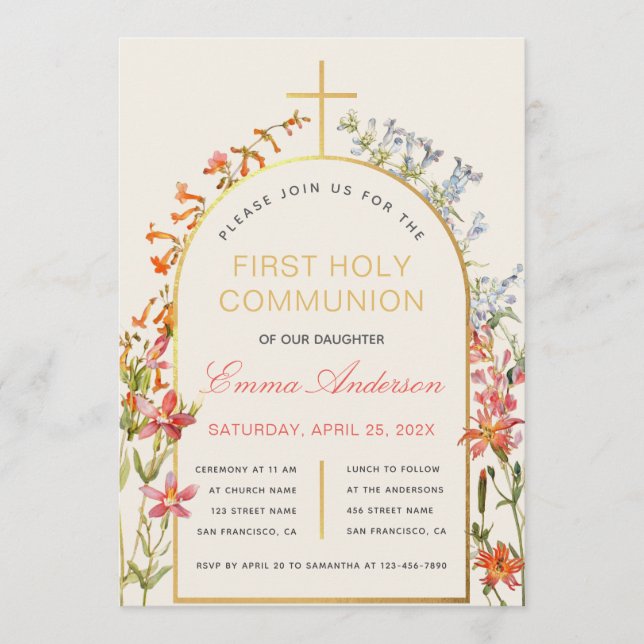 Girl First Communion Wildflowers Gold Arch Floral  Invitation (Front)