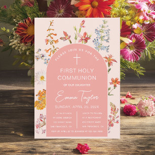 Girl First Communion Wildflowers Pink Arch Floral  Invitation
