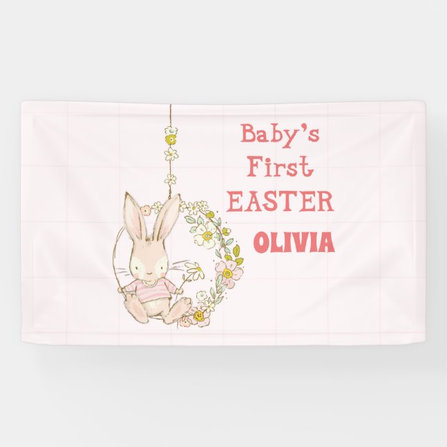 Girl First Easter Bunny on Flower Swing Banner (Horizontal)