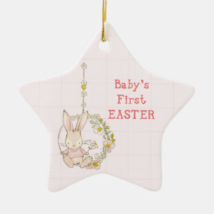 Girl First Easter Bunny on Flower Swing Ceramic Tree Decoration