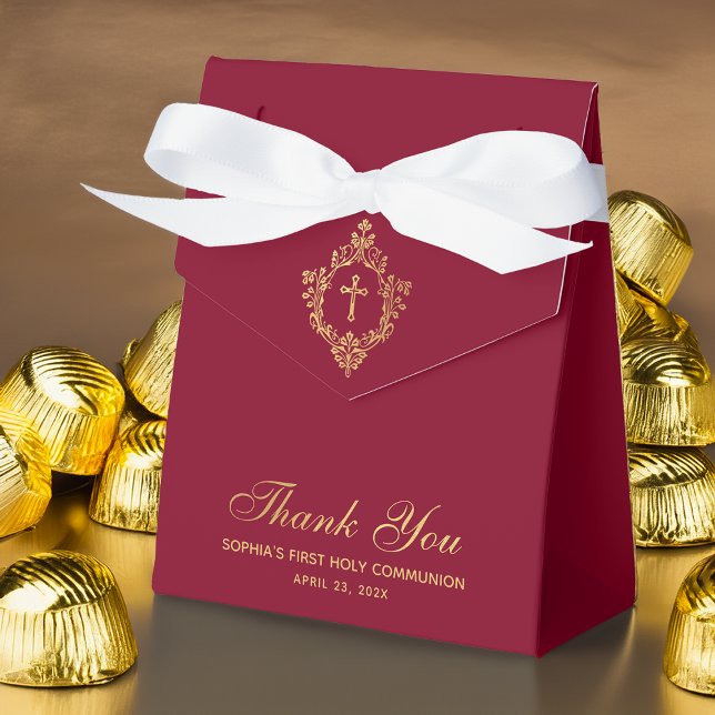 Girl First Holy Communion Burgundy Faux Gold Crest Favour Box (Creator Uploaded)