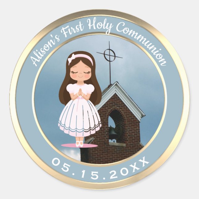 Girl First Holy Communion Church Gold Classic Round Sticker (Front)