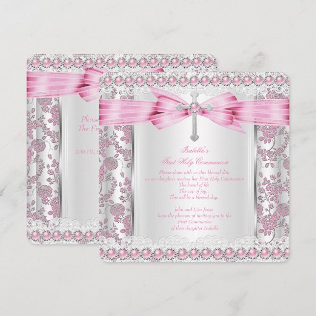 Girl First Holy Communion Cross Damask Pink Silver Invitation (Front/Back)