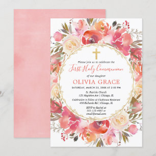 Girl First Holy Communion Floral Coral blush pink Invitation