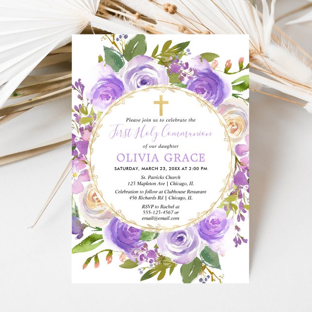 Girl First Holy Communion Floral Purple lavender Invitation (Creator Uploaded)