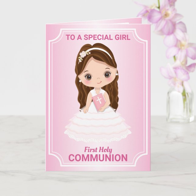 Girl First Holy Communion Folded Greeting Card (Orchid)